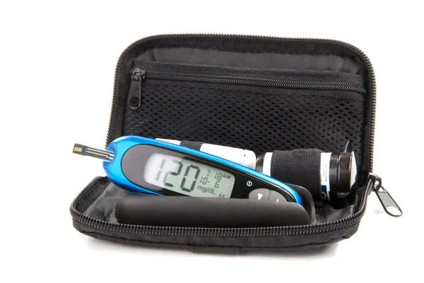 Diabetes Glukos Nivå Blodprov Med Ultra Mini Glukometer Kit Och — Stockfoto