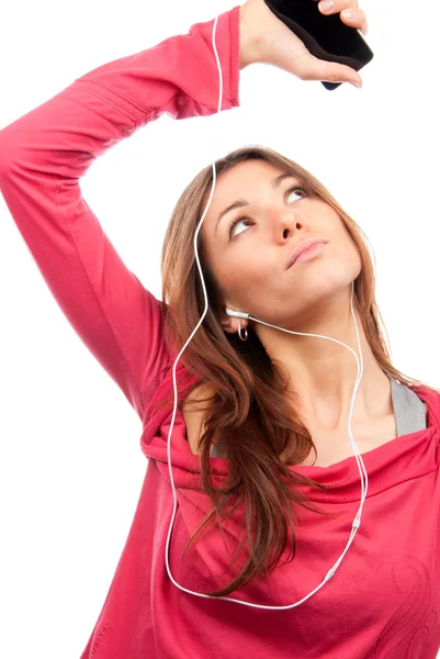 Bardzo Młoda Kobieta Słuchanie Słuchanie Muzyki Jej Nowych Komórkowy Dotykowy — Zdjęcie stockowe
