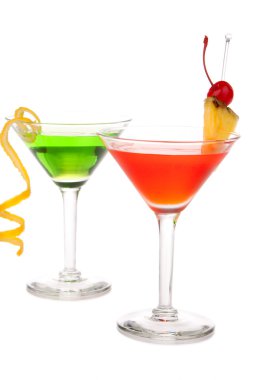 Green and Red cocktails composition with vodka, light rum, gin, tequila, blue curacao, lime juice, lemonade, lemon slice, maraschino cherry in martini cocktail clipart