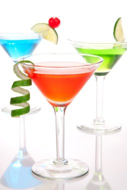 Tropical martinis Cocktails with vodka, light rum, gin, tequila, blue curacao, lime juice, lemonade, lemon slice, maraschino cherry in martini glass on a white clipart