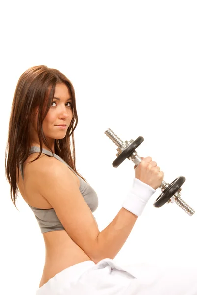 Fitness Brunette Vrouw Instructeur Gewichtheffen Met Perfecte Atletisch Lichaam Abs — Stockfoto