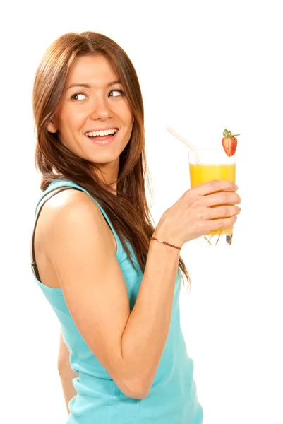 Woman drinking orange juice cocktail with strawberry — Stock Photo, Image