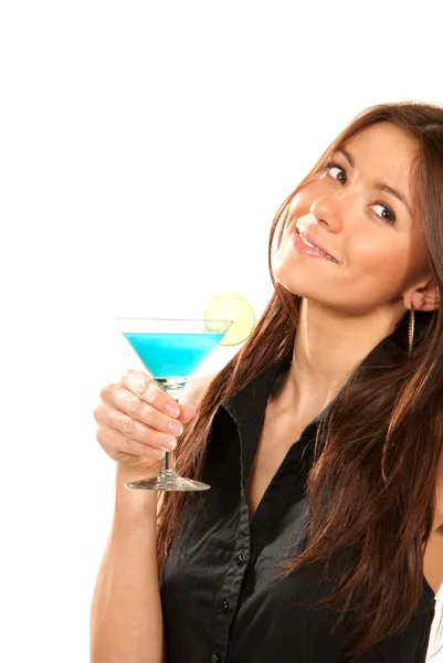Hübsche Brünette Frau Mit Beliebten Blauen Tropischen Martini Cocktail Drink — Stockfoto