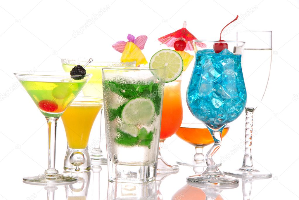 Cocktails Martini, sunrise, margarita, malibu
