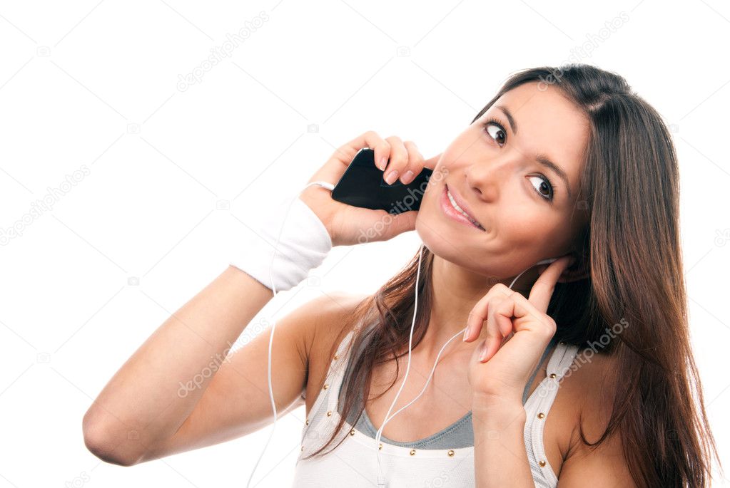 Woman talking mobile phone listening music