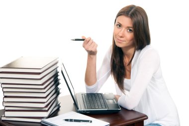 Business woman working laptop and pen in hand clipart