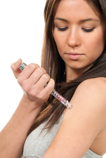 Woman making insulin flu shot by syringe pen — Stock Photo, Image