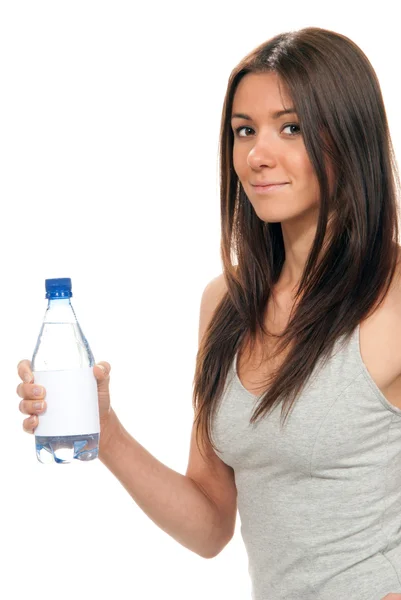 Garota segurar garrafa de água pura ainda bebendo — Fotografia de Stock
