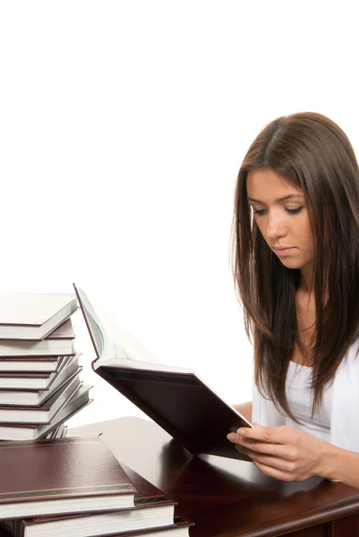 Woman student reading and studying book — Stock Photo, Image