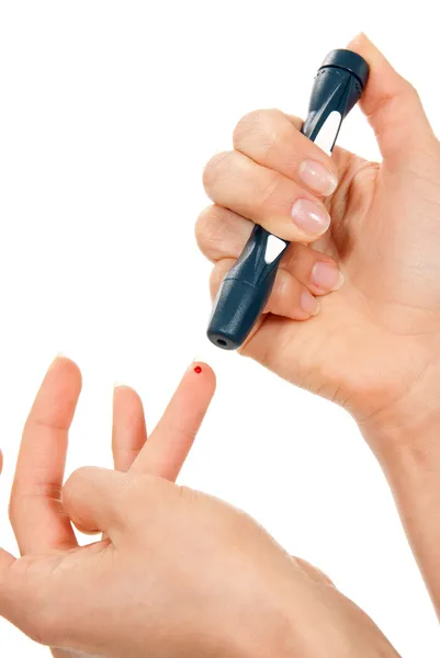 Cukorbetegség lancet pöcs ujj vér méréshez — Stock Fotó