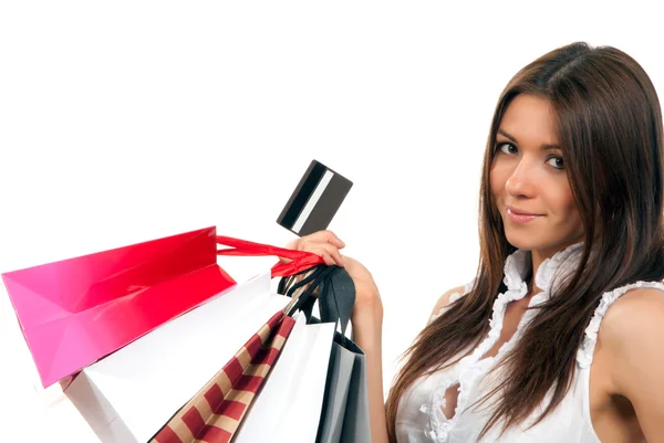 Donna con shopping bag, carta regalo di credito — Foto Stock