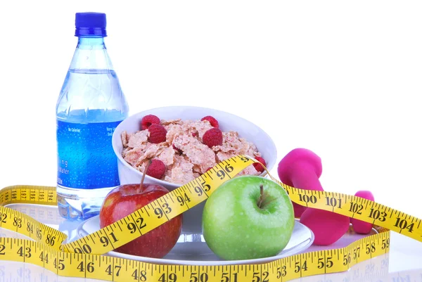 Diet weight loss, workout, measure healthy food — Stock Photo, Image
