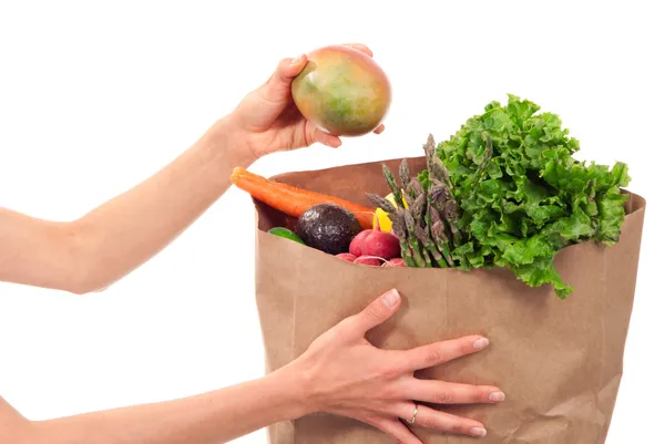 stock image Hand holding bag full of fresh food items