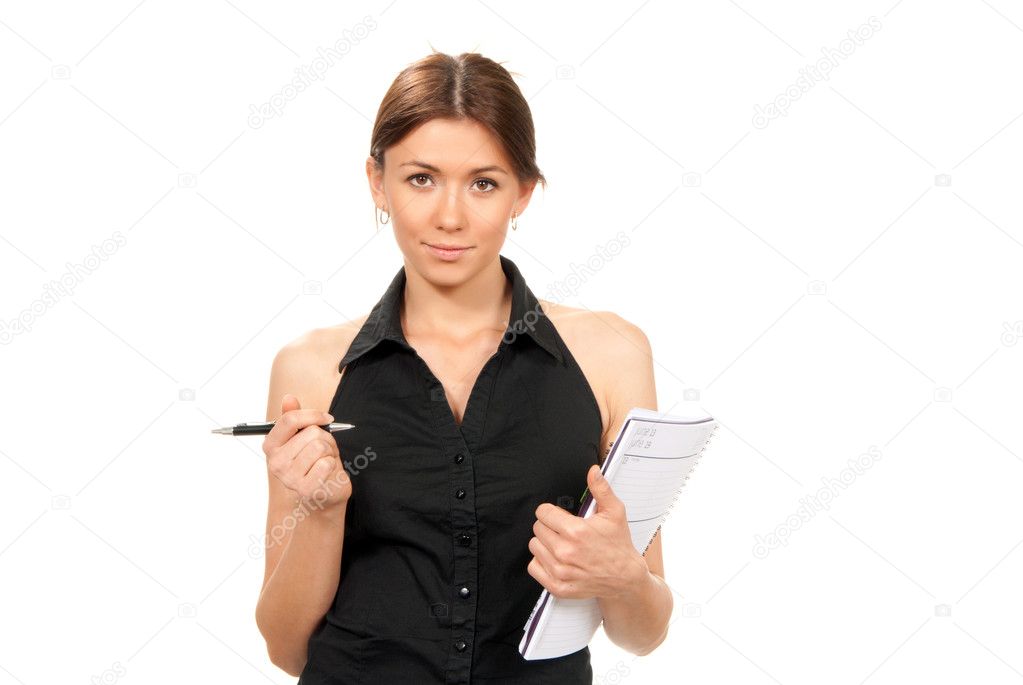 Girl student stand, hold pen and textbook in hand