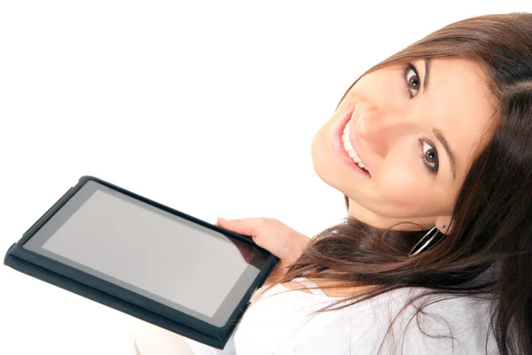Vrouw houdt nieuwe elektronische tablet touch — Stockfoto