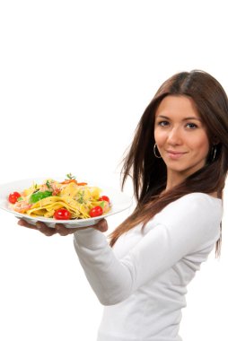 Woman hold diet Italian Shrimp spaghetti vongole pasta clipart