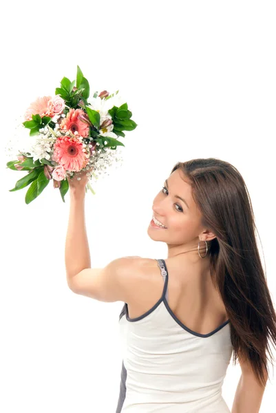 Frau werfen schöne Blumen Rosen Brautstrauß — Stockfoto