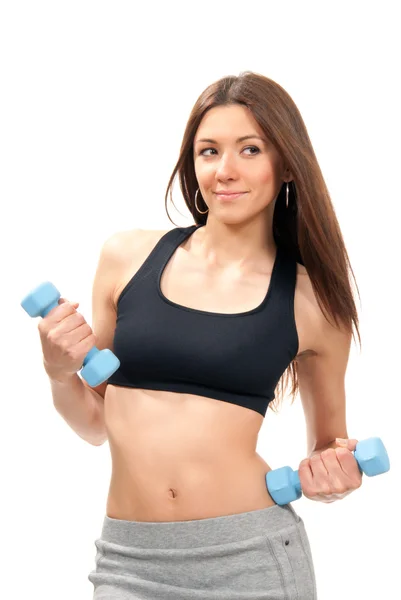Mulher fitness em dumbbells dieta treino — Fotografia de Stock
