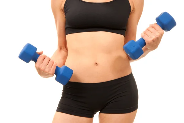 Mujer fitness pesas dieta entrenamientoFitness vrouw op dieet trainingshalters — Stockfoto