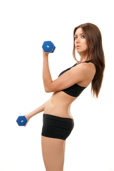Fitness nő, a diéta edzés súlyzók — Stock Fotó