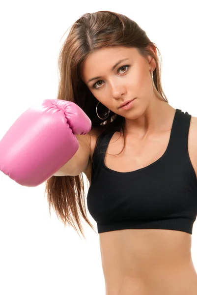 Beautiful boxing woman in pink gloves — Stock Photo, Image
