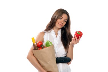 Young woman hold shopping paper bag full of vegetarian groceries clipart