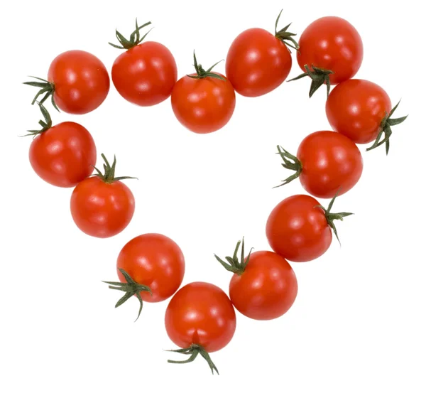 緑の棒で 5 つの赤いトマト西红柿樱桃心脏的窗体中 — 图库照片