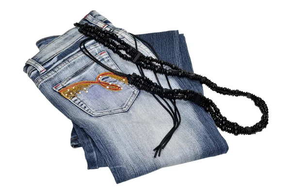 Calça jeans azul com um cinto wattled — Fotografia de Stock