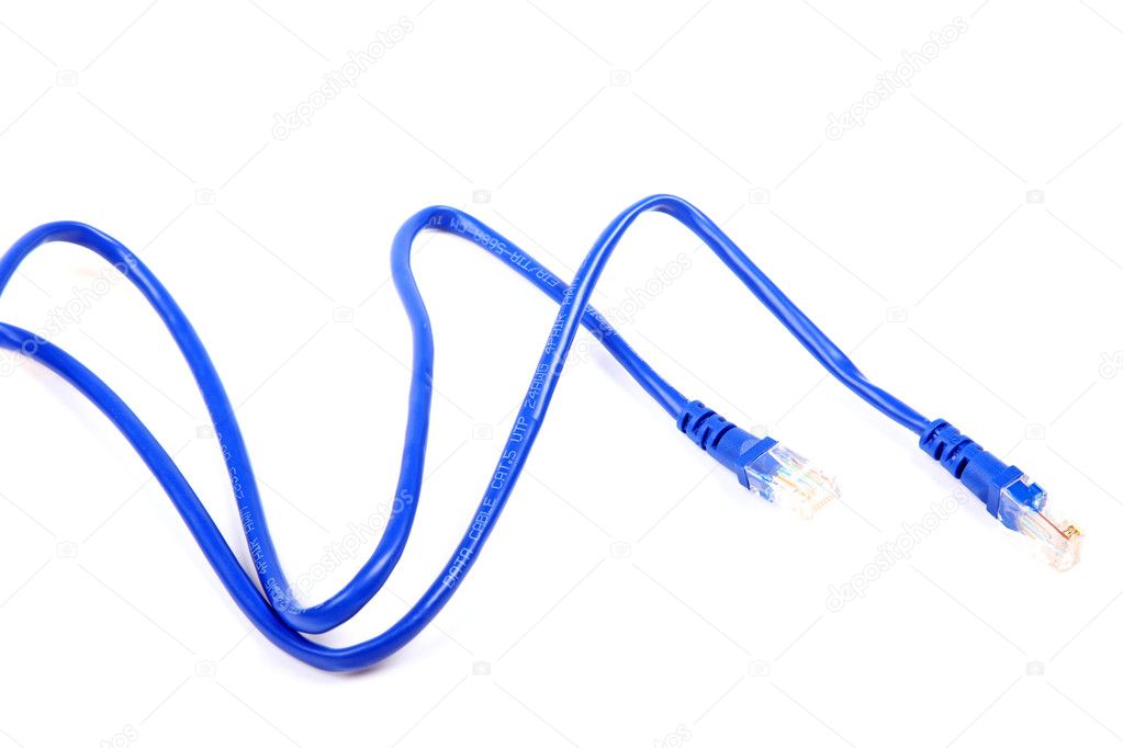 Blue UTP network cable isolated on white background.