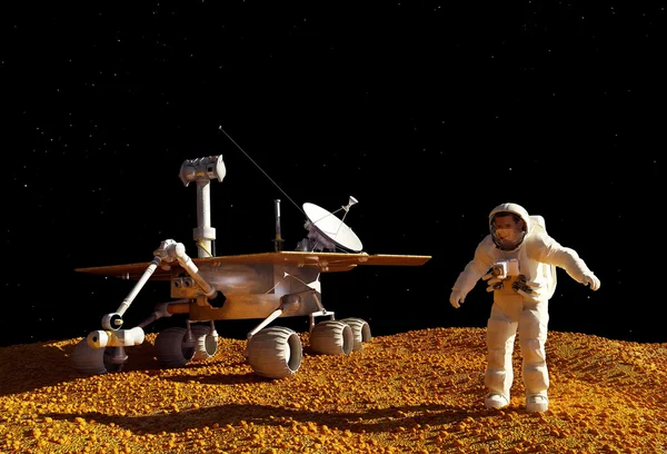 Космический человек на Луне с посадочным модулем позади — стоковое фото