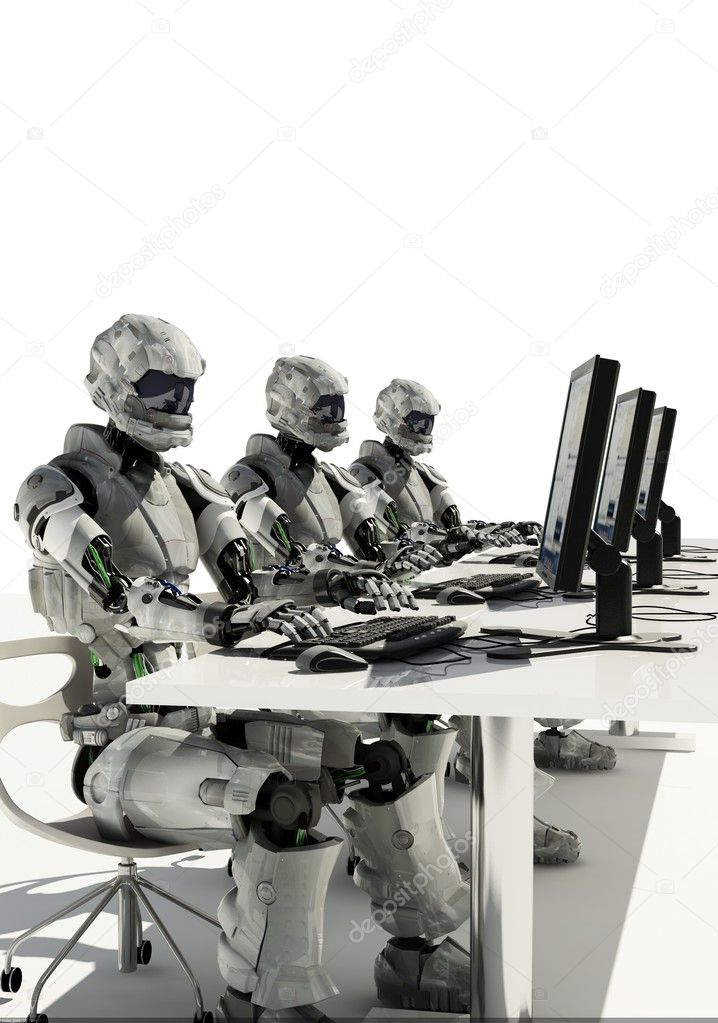 A robots with a computer on a white background