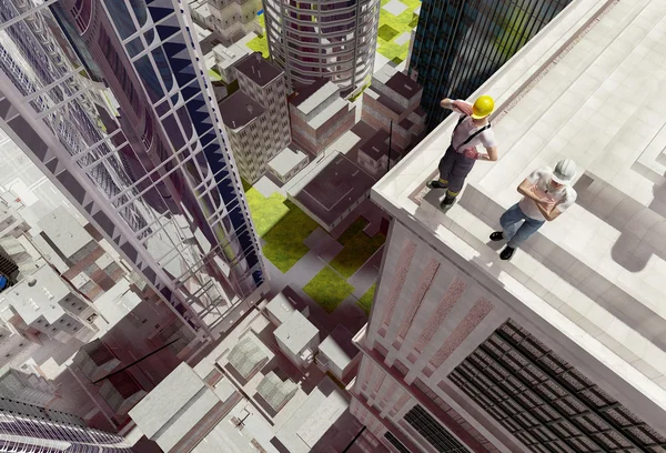 Silhouetten Eines Arbeiters Hintergrund Hochhäuser — Stockfoto