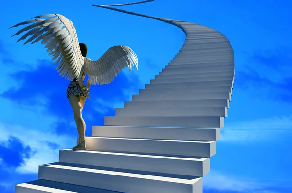 Ein Mädchen Mit Flügeln Auf Der Treppe — Stockfoto