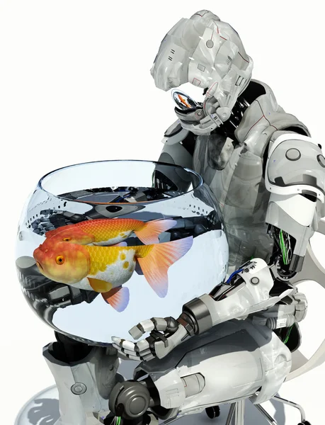 Robot Avec Aquarium Sur Fond Blanc — Photo