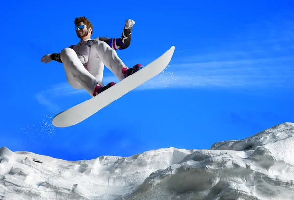 Snowboardzista Robi Stronie Palec Wyrzeźbić Głęboko Niebieski Niebo Tle — Zdjęcie stockowe