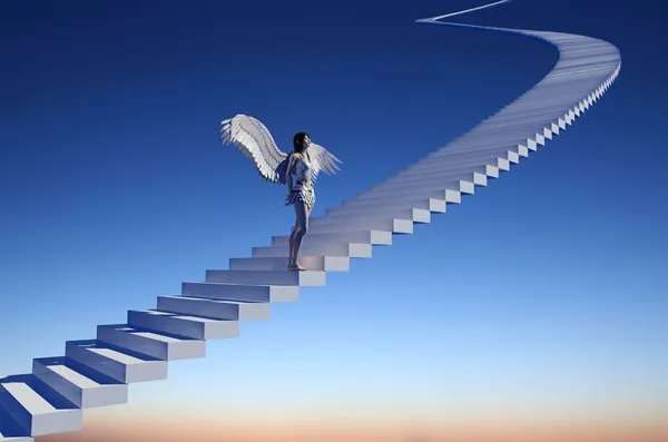 Ein Mädchen Mit Flügeln Auf Der Treppe — Stockfoto