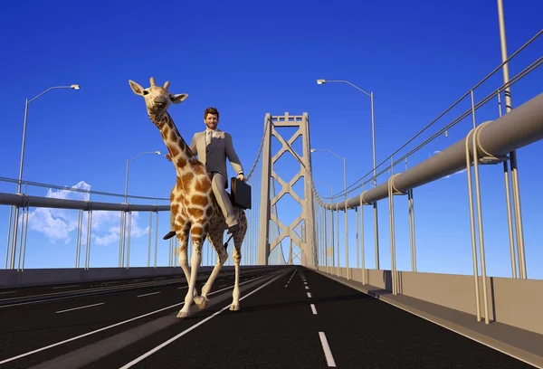 Uomo Una Giraffa Sulla Strada — Foto Stock