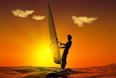 Silhouette of surfer at sunset clipart