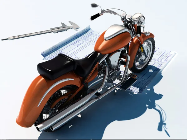 摩托车和图纸在白色背景上的模型 — 图库照片