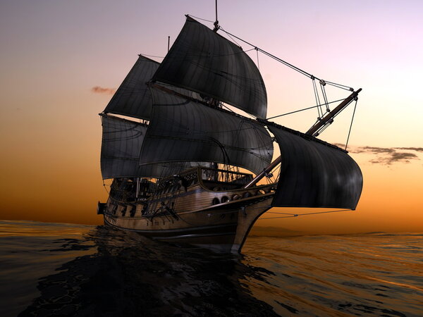 Древний корабль в море
