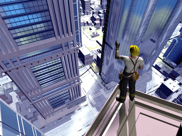 Silhuetten Arbetare Bakgrunden Skyskrapor — Stockfoto