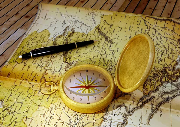 Kompas Mapu Stůl — Stock fotografie