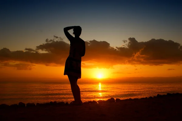 Silhouette Der Frau Auf Dem Hintergrund Des Meeres — Stockfoto
