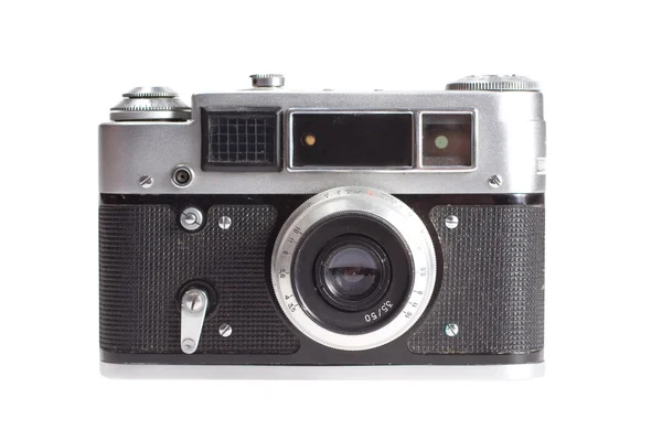 Staré Černé 35Mm Slr Fotoaparát Izolované Bílém — Stock fotografie