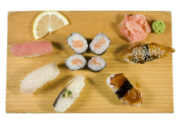 Sushi Stücke Thunfisch Red Snapper Aal Krake Makrele Eine Hälfte — Stockfoto