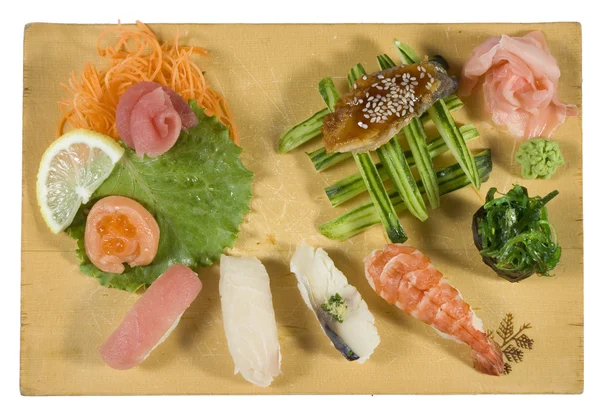 Sushi Sashimi Combination Pieces Red Snapper Mackerel Prawns Sushi Spirulina — Stock Photo, Image