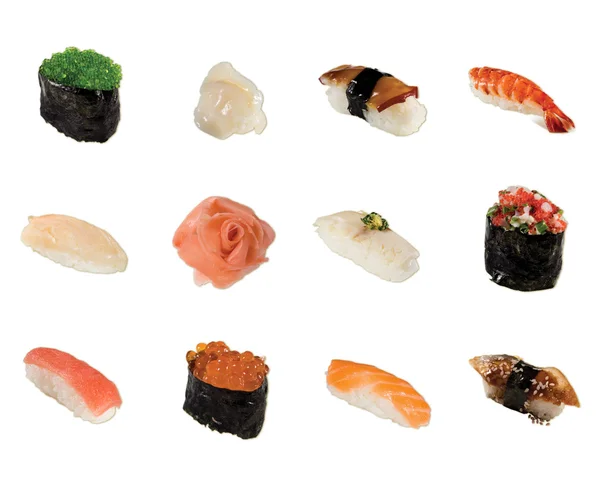 Une collection de sushis isolés sur un fond blanc — Photo
