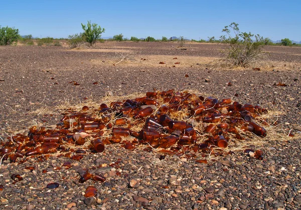 Ein Haufen Gebrochenen Bierflaschen Einer Abgelegenen Gegend Von Arizona lizenzfreie Stockfotos