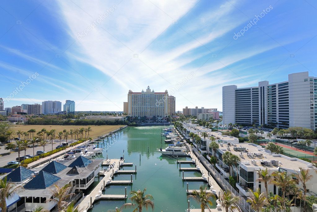 Marina and luxury hotel high rises in Sarasota, Florida.