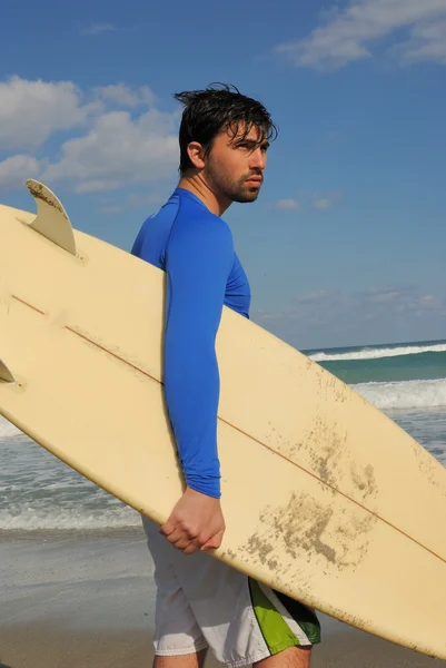 Surfer Beach His Board — Stock Photo, Image